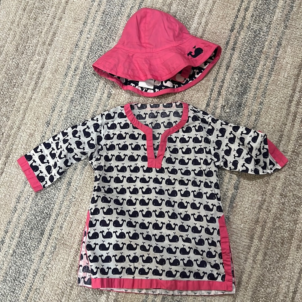 Pottery barn kids whale beach cover-up and hat, size 6-12 months